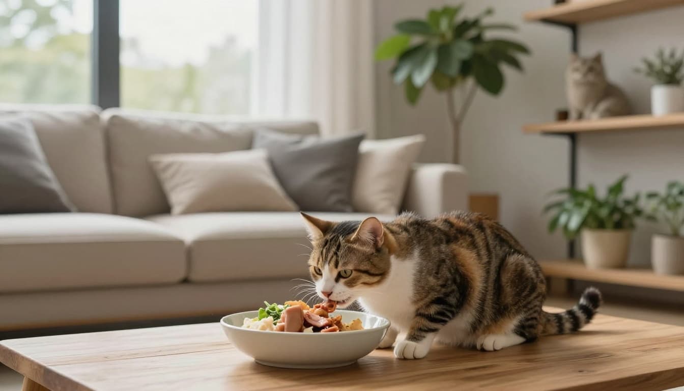 In a modern luminous Scandinavian interior, a mischievous 2-4 month old kitten enjoys a meal from a ceramic bowl on light wood floor amid minimalist decor with beige sofa and plants.