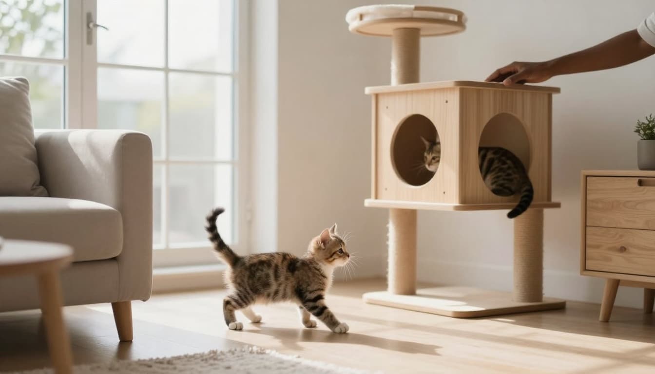 In a bright minimalist Scandinavian living room, a young kitten playfully interacts with its mother cat near a stylish wooden cat tree, with cozy warm tones and a subtle human hand petting in the background to indicate transmission risk.