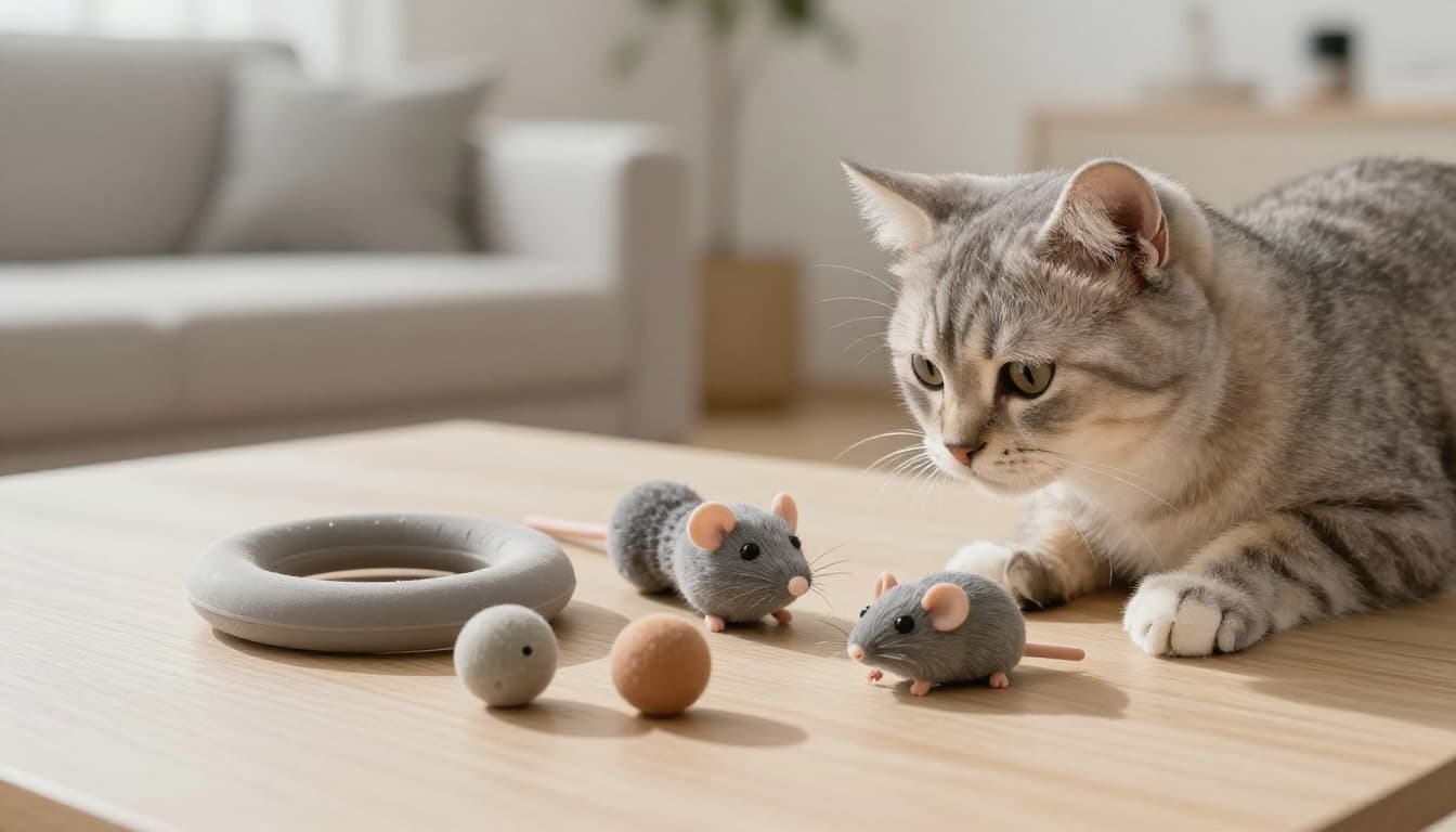 A close-up of soft cat toys including a rubber ring, chew toy, and catnip mouse on a light wood surface in a bright Scandinavian living room, with a short-haired kitten gently pawing at them. Premium realistic lifestyle photo featuring natural light, soft shadows, and a cozy elegant mood.