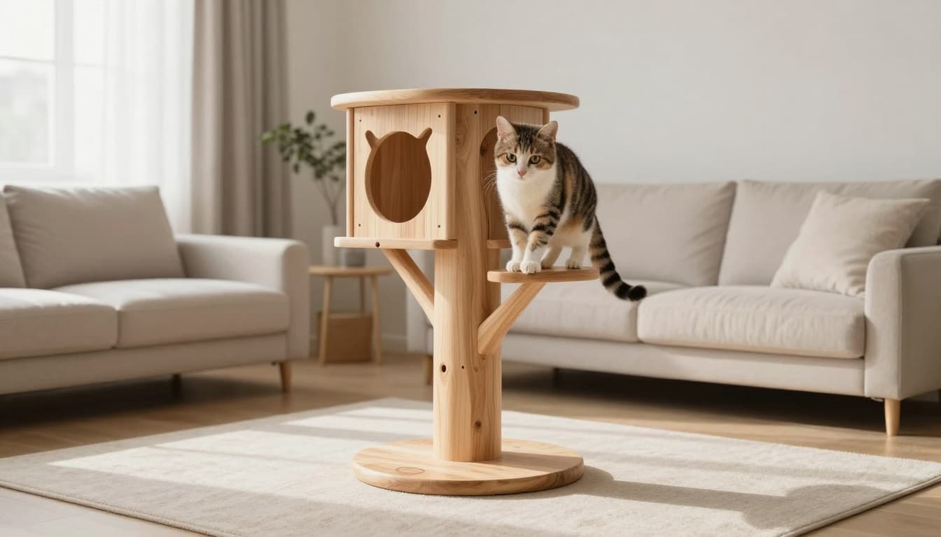 A playful and curious kitten explores a premium light wood cat tree with Scandinavian design in a modern minimalist living room bathed in natural light.
