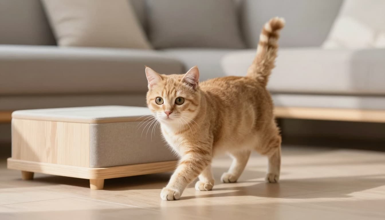 A curious and playful kitten explores near a small litter box in a cozy modern Scandinavian living room with bright natural light, minimalist light wood decor, and neutral beige-gray tones.
