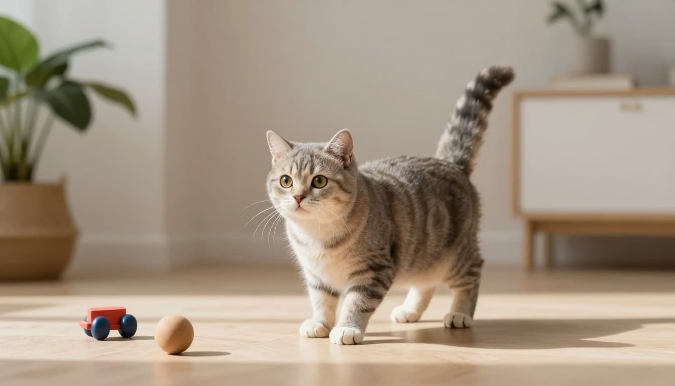 A playful kitten energetically plays near an adapted litter box in a bright, minimalist Scandinavian interior with natural light, neutral tones, toys, and plants.