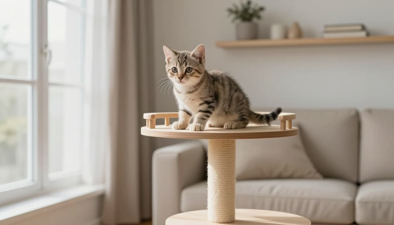 A 6-month-old playful male kitten sits calmly on a premium multi-level wooden cat tree in a bright Scandinavian living room with minimalist decor and soft natural light.
