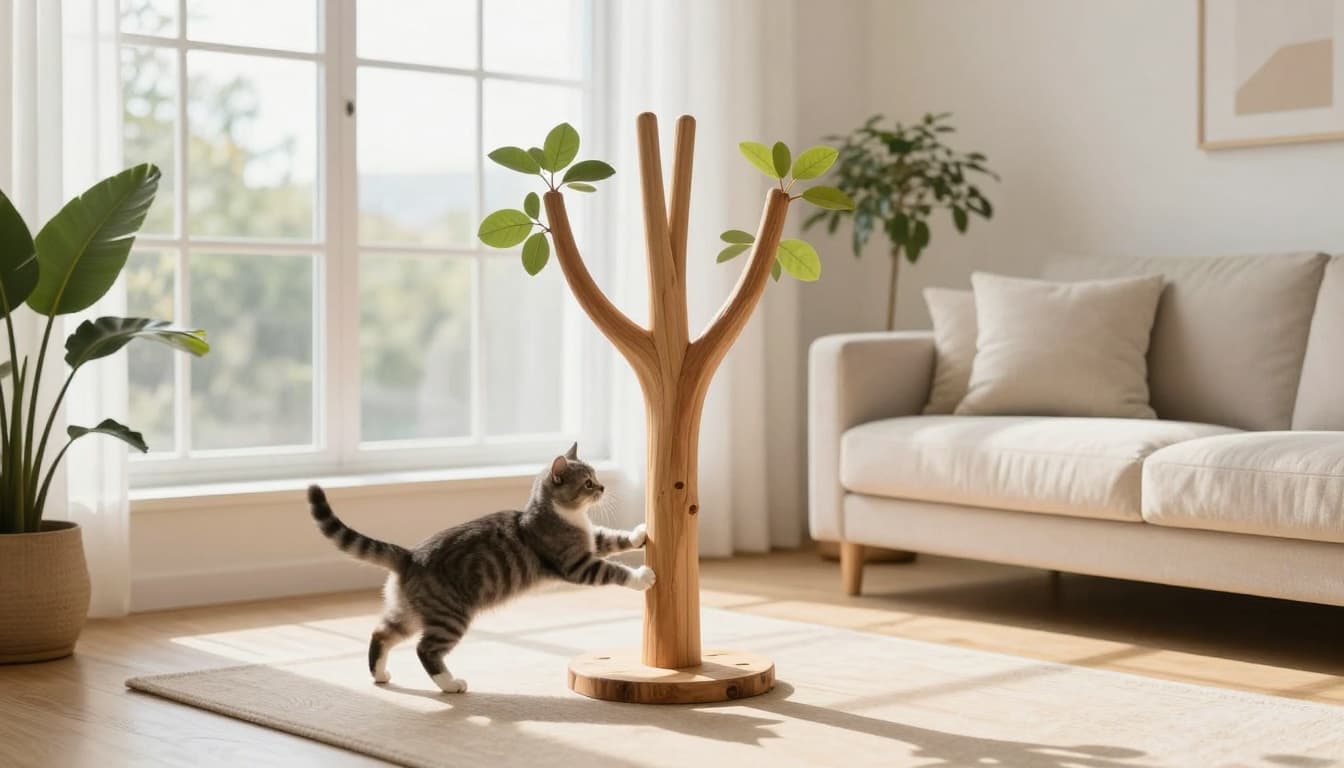 Two playful kittens climb and jump on a premium wooden cat tree in a bright Scandinavian living room bathed in natural light.