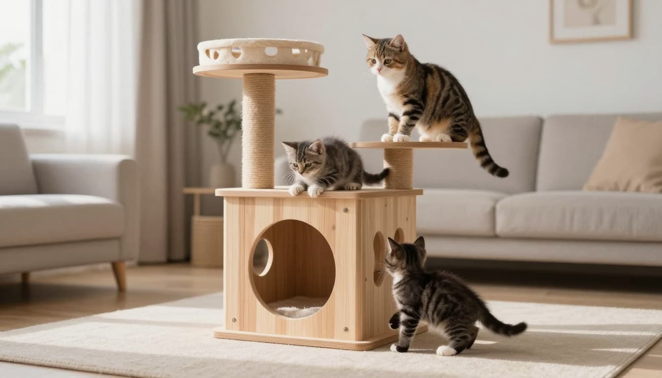 In a bright natural light-filled Scandinavian minimalist living room, adorable young kittens playfully climb a premium solid wood cat tree while the mother cat watches nearby.
