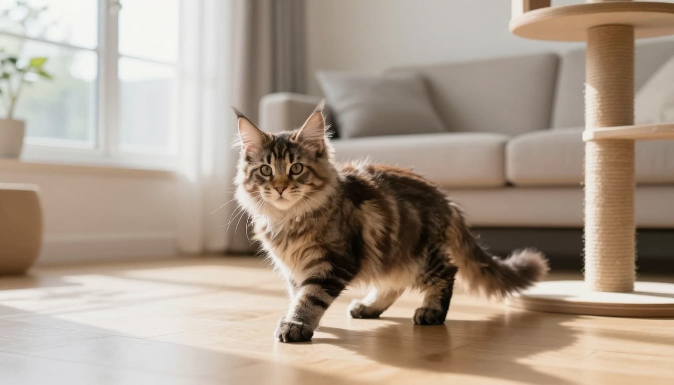 An adorable Maine Coon kitten with fluffy tabby fur and large paws plays gently on a light wooden floor in a bright Scandinavian living room with natural light and minimalist decor.