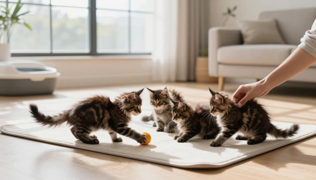 Several adorable 8-week-old Maine Coon kittens play together on a soft playmat in a bright, spacious Scandinavian living room with minimalist decor and natural light. One kitten explores a toy while another grooms a sibling, showcasing gentle socialization in a cozy atmosphere.