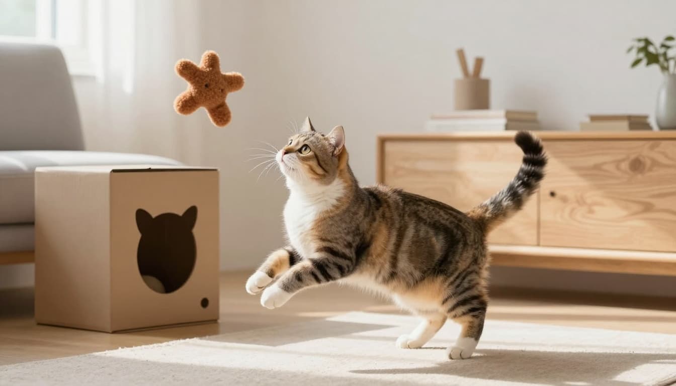 An adult neutered cat actively plays by jumping to catch a toy in a bright Scandinavian living room with abundant natural light, minimalist light wood decor, neutral beige-gray tones, and a cozy atmosphere, featuring a nearby cardboard hideout.