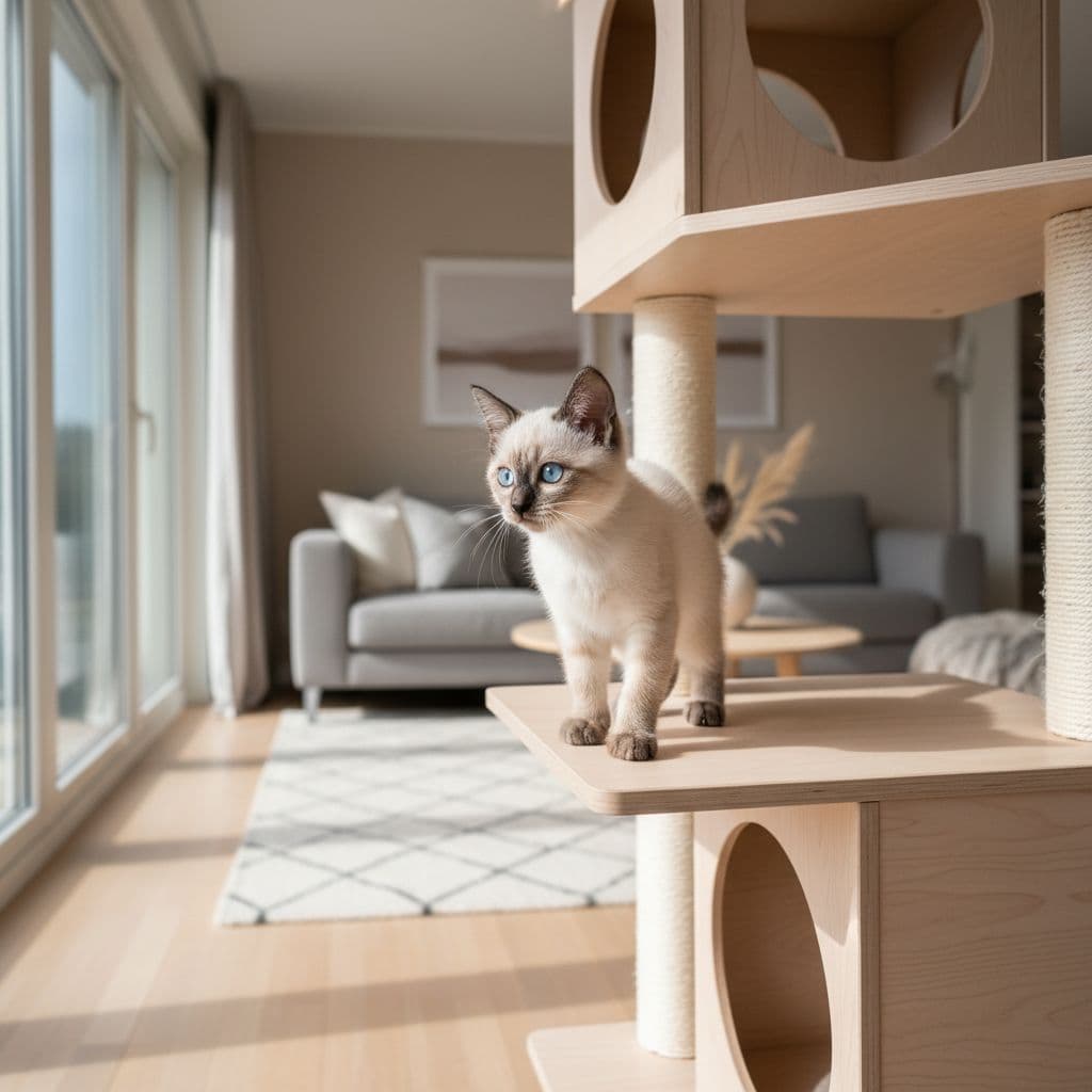 A curious 6-month-old female Siamese cat perches on a wooden cat tree shelf in a sunny Scandinavian apartment living room, gazing with bright blue eyes amid minimalist neutral decor and natural light.