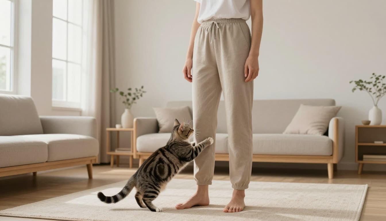 A calm adult stands still in a bright minimalist Scandinavian living room as a playful tabby cat gently grabs their calf with paws, maintaining a relaxed demeanor.