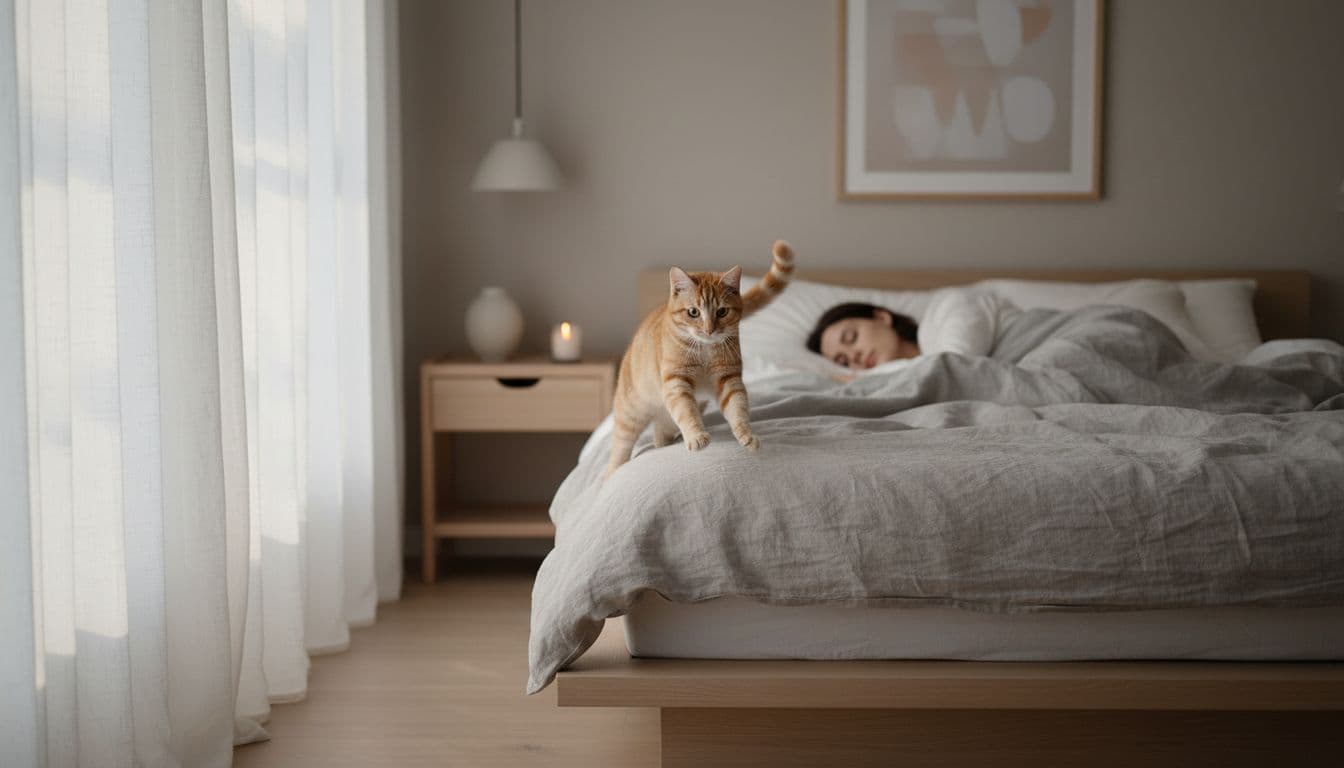 In a cozy Scandinavian bedroom bathed in soft dawn light filtering through sheer white curtains, a playful tabby cat energetically jumps onto a minimalist bed where a person sleeps peacefully under light linens. The scene evokes a modern calm mood with neutral tones, natural shadows, and highly detailed fur and fabrics.
