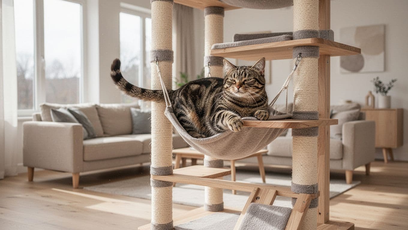 In a bright Scandinavian living room, a healthy adult tabby cat playfully climbs on a sturdy premium wooden cat tree with platforms, hammock, and scratching posts. The minimalist decor and natural light create a warm, cozy atmosphere focused on the cat.
