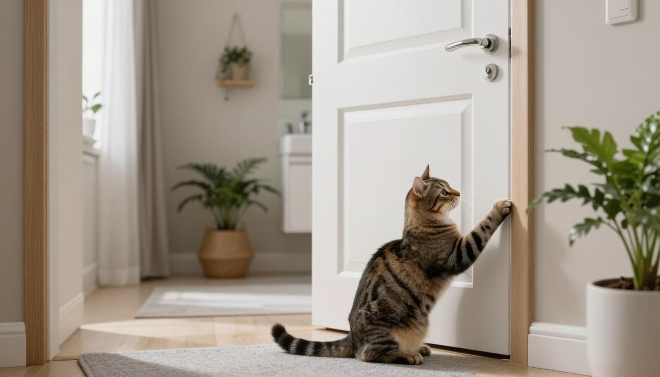 A playful tabby cat curiously paws at a closed white bathroom door in a luxurious Scandinavian home hallway with neutral beige walls, soft grey rug, potted plants, and bright natural daylight.