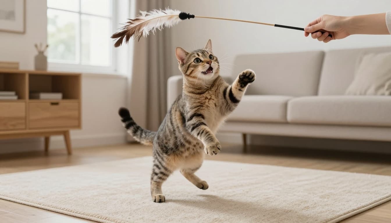 A playful tabby cat joyfully chases and pounces mid-air on a feather wand toy in a bright minimalist Scandinavian living room with natural light.
