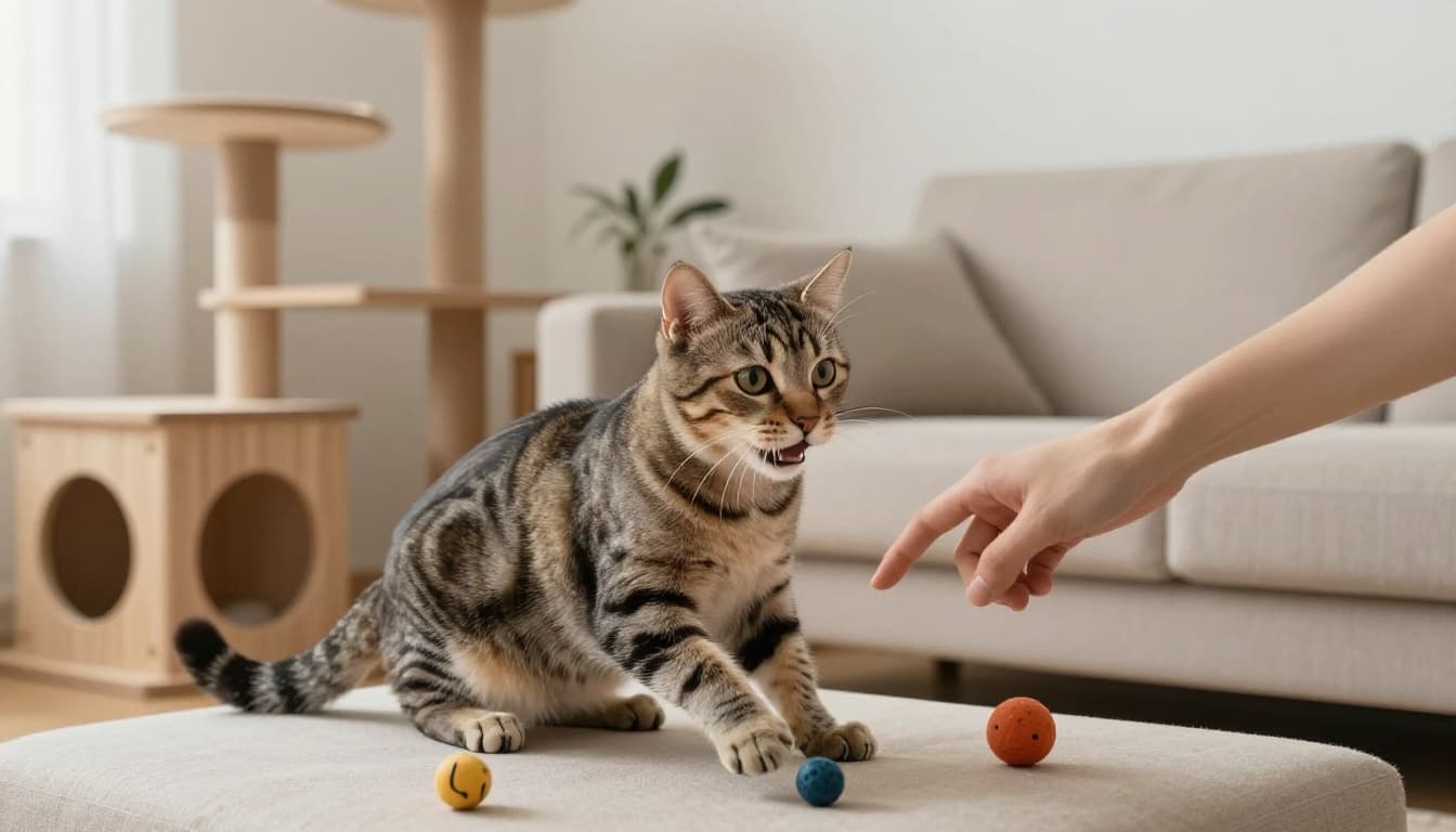 A young energetic tabby cat with dilated pupils crouches in alert posture, playfully pouncing on wiggling human fingers on a beige sofa in a bright minimalist Scandinavian living room with natural light and cozy mood.