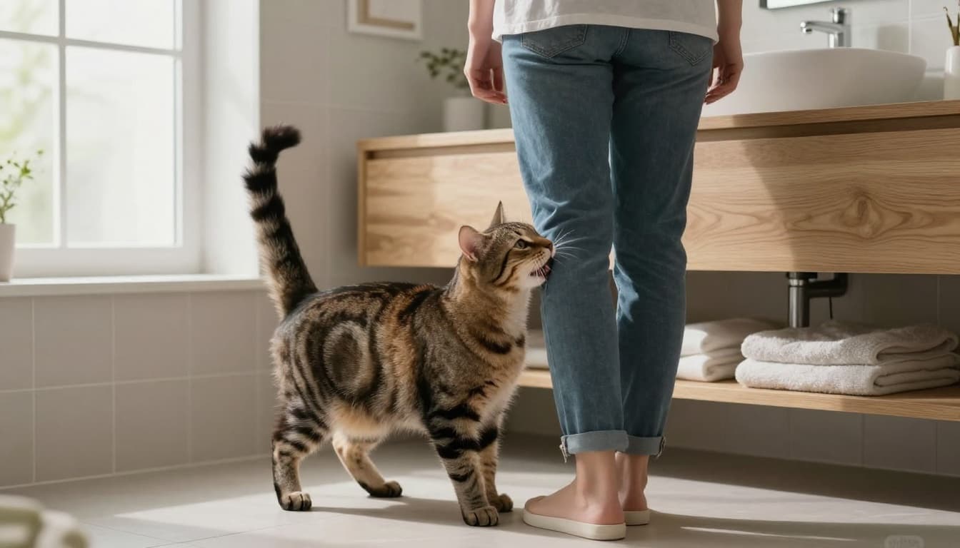A playful tabby cat rubs affectionately against a person's legs near a sink in a bright modern Scandinavian bathroom with natural light and cozy accents.