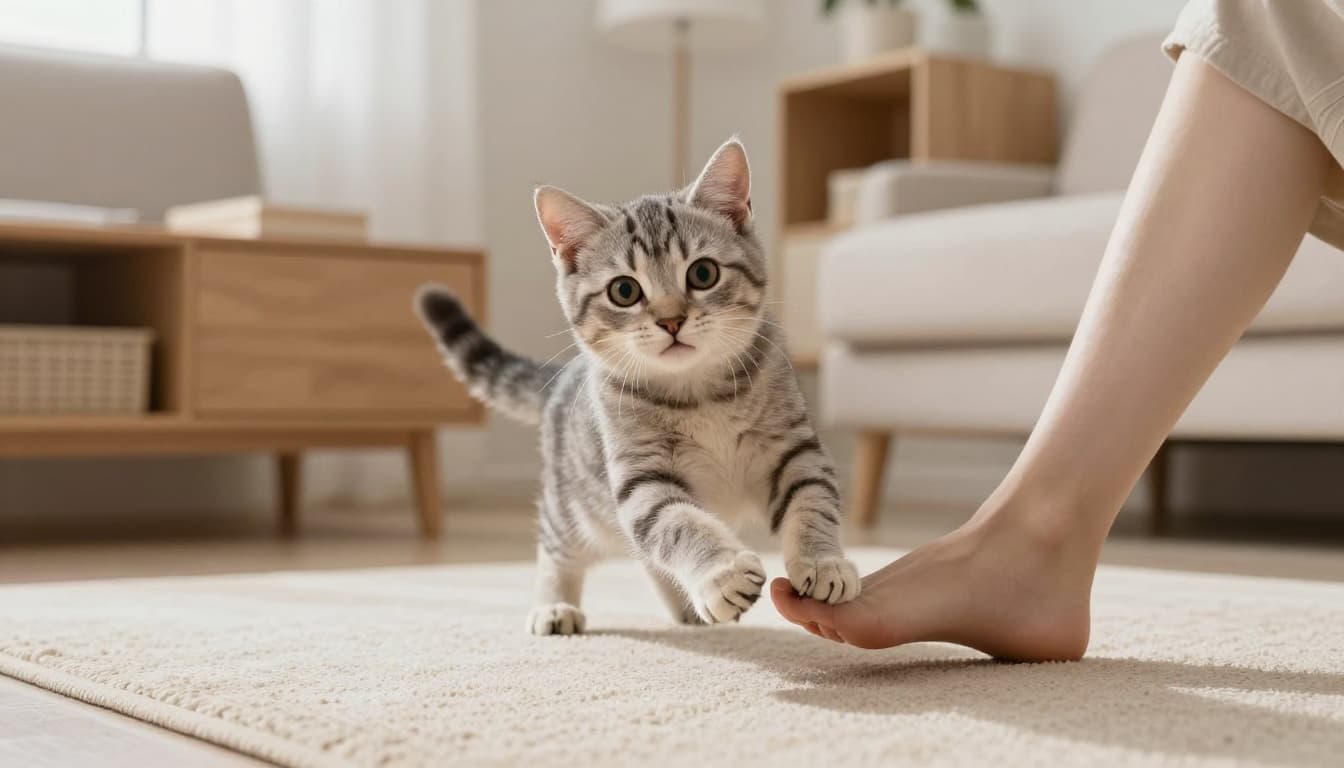 A playful young tabby kitten joyfully pounces on moving human feet in a bright Scandinavian living room featuring minimalist decor, light wood furniture, beige rug, and abundant natural light.