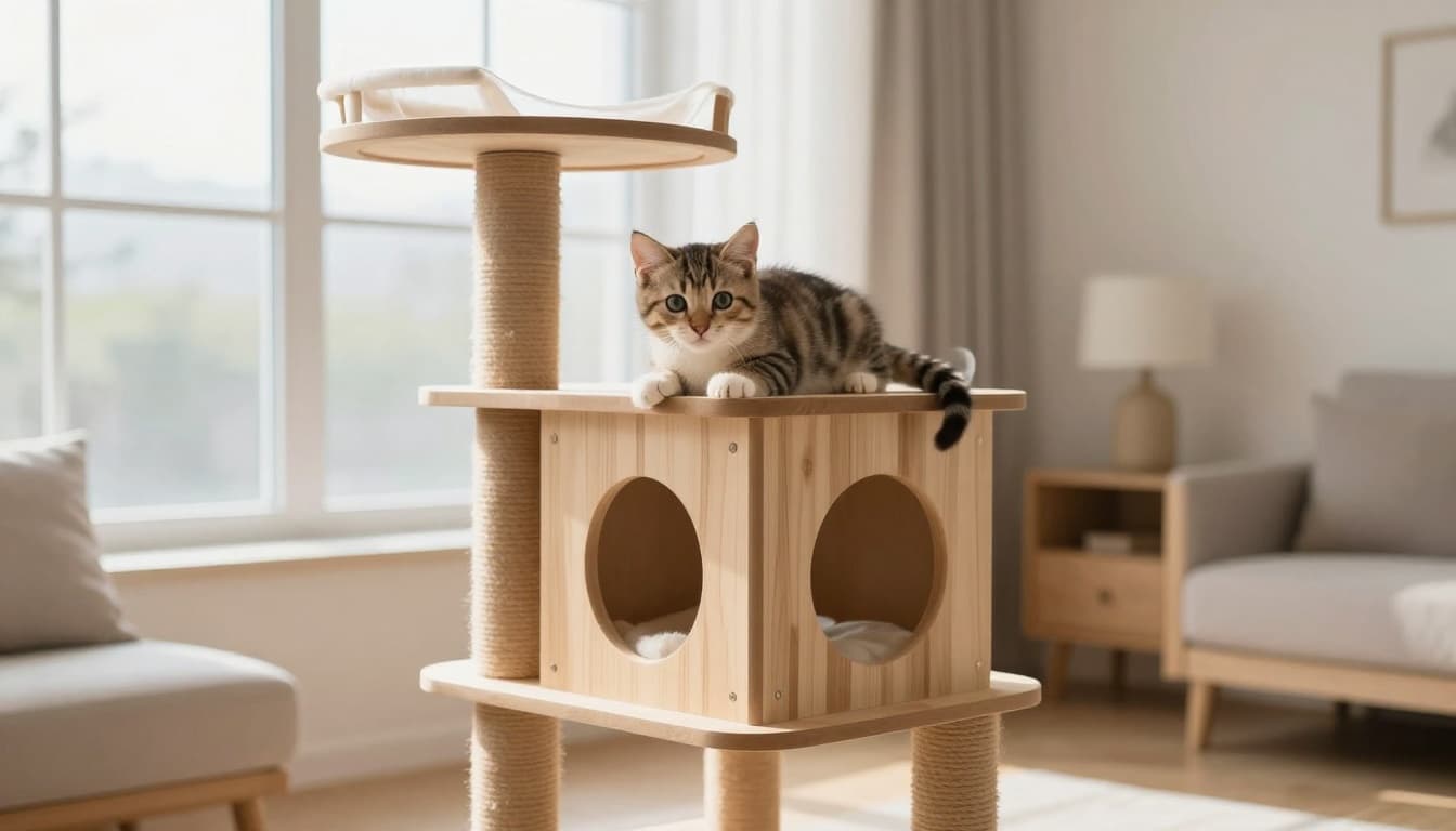 A playful young tabby kitten climbs and rests on a premium solid wood cat tree in a bright Scandinavian living room with natural light and minimalist beige decor.