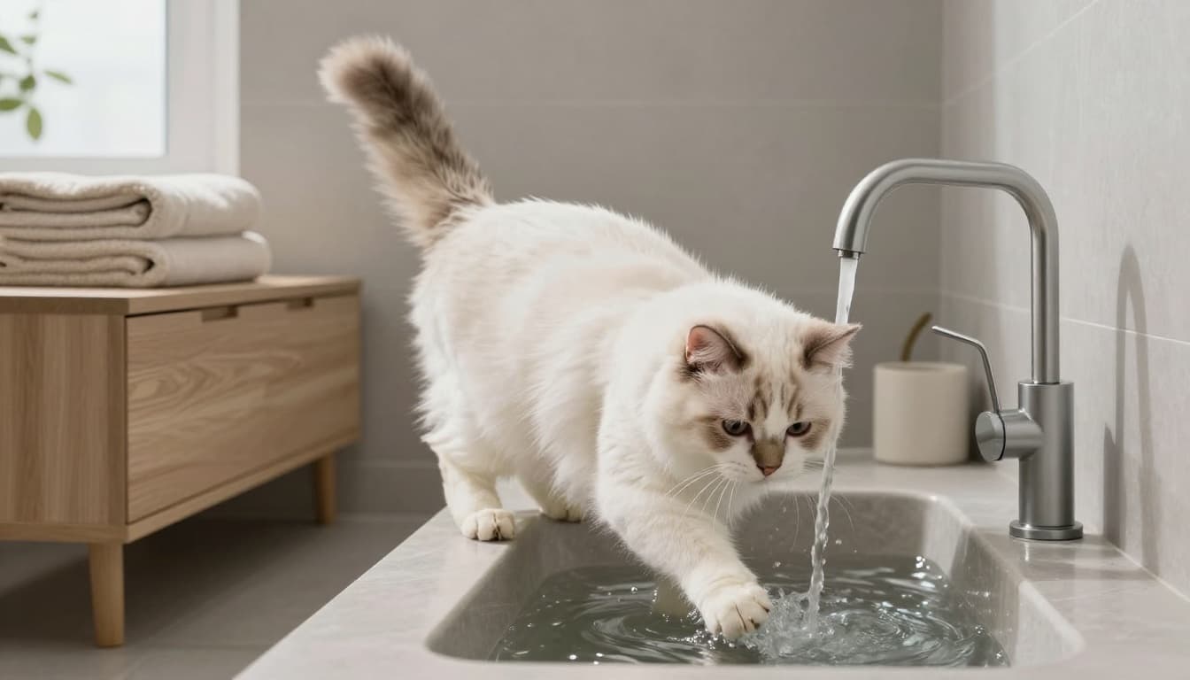 A majestic Turkish Van cat with white coat and colored head markings playfully dips its paws into a shallow stream from a modern faucet in a bright Scandinavian bathroom, surrounded by minimalist decor.