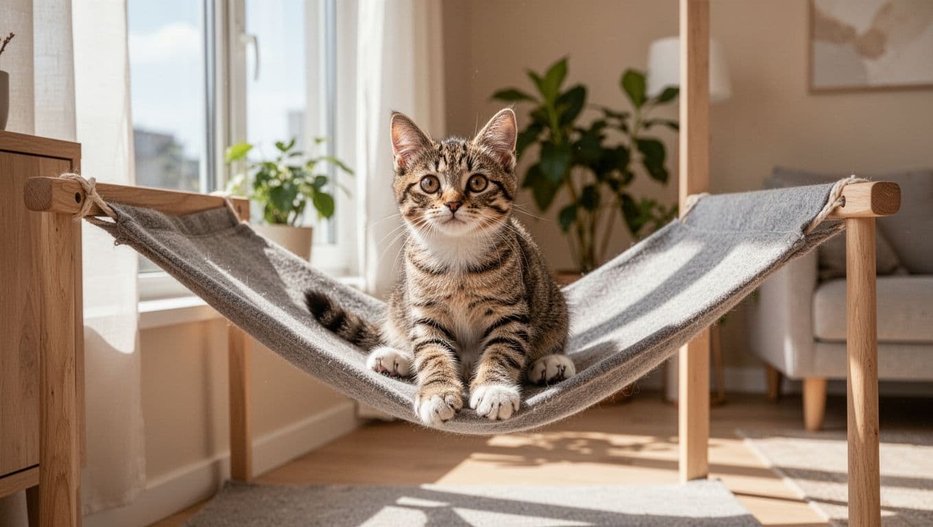 A young female cat looks alert and playful on a minimalist cat hammock near a window in a sunlit modern Scandinavian apartment with light wood furniture, beige walls, and soft grey textiles.