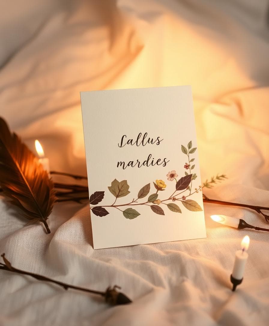 Carte de mariage poétique, papier artisanal, feuillage et lumière dorée