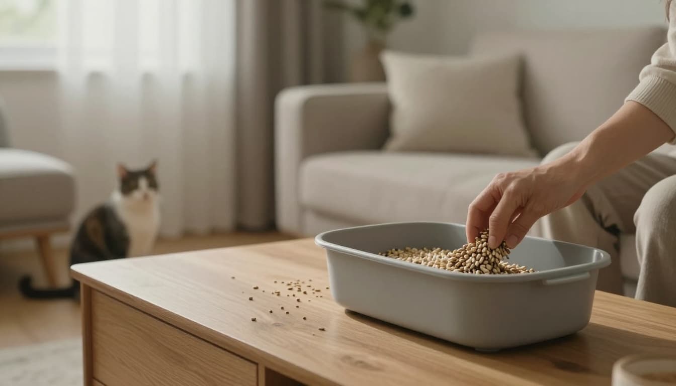 In an elegant, light-filled Scandinavian living room, a person pours fine, dust-free clumping litter into a clean litter box next to old grains for a gradual transition, while a cat watches from afar in a cozy minimalist environment with natural light and neutral tones.