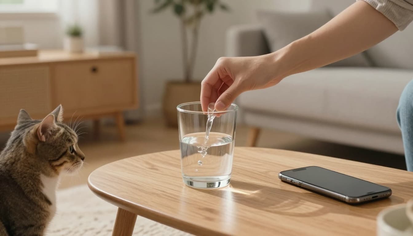 A person precisely measures water in a transparent glass container on a wooden table in a bright Scandinavian living room, with a curious cat observing nearby on a beige rug. The scene features natural light, minimalist decor with light wood and soft grays, creating a warm and relaxed atmosphere.