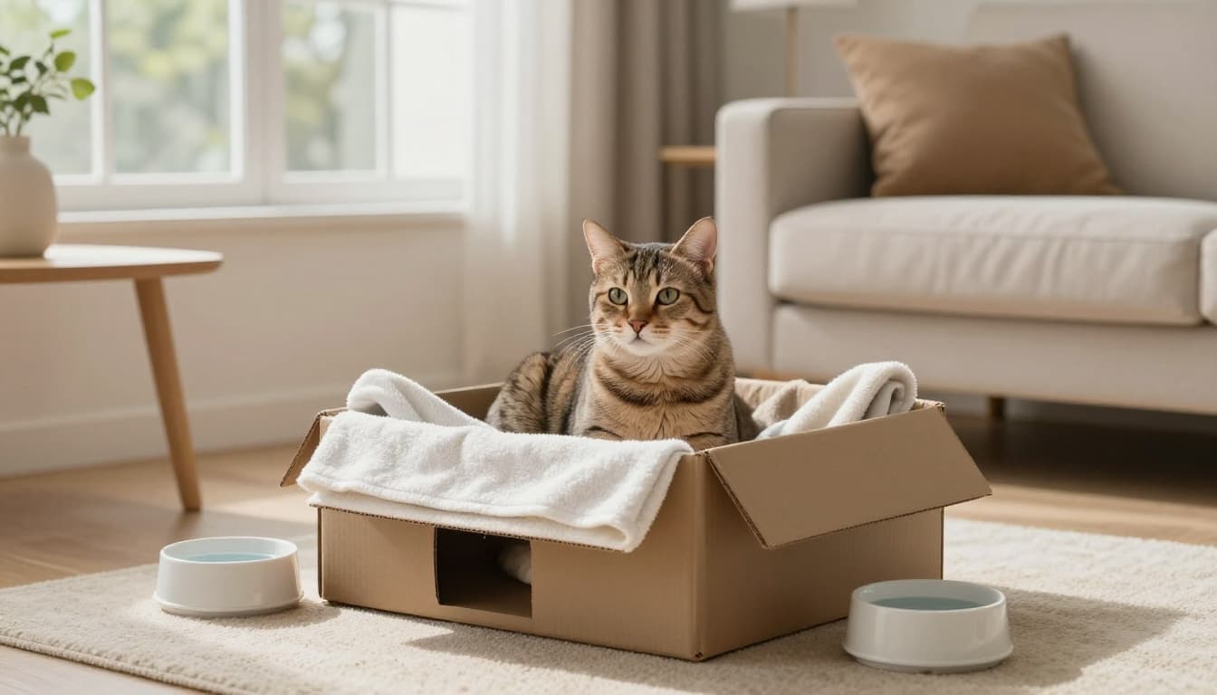 A pregnant cat settles comfortably into a low-sided cardboard box lined with clean towels and soft fabrics, placed in a quiet corner of a modern Scandinavian living room.