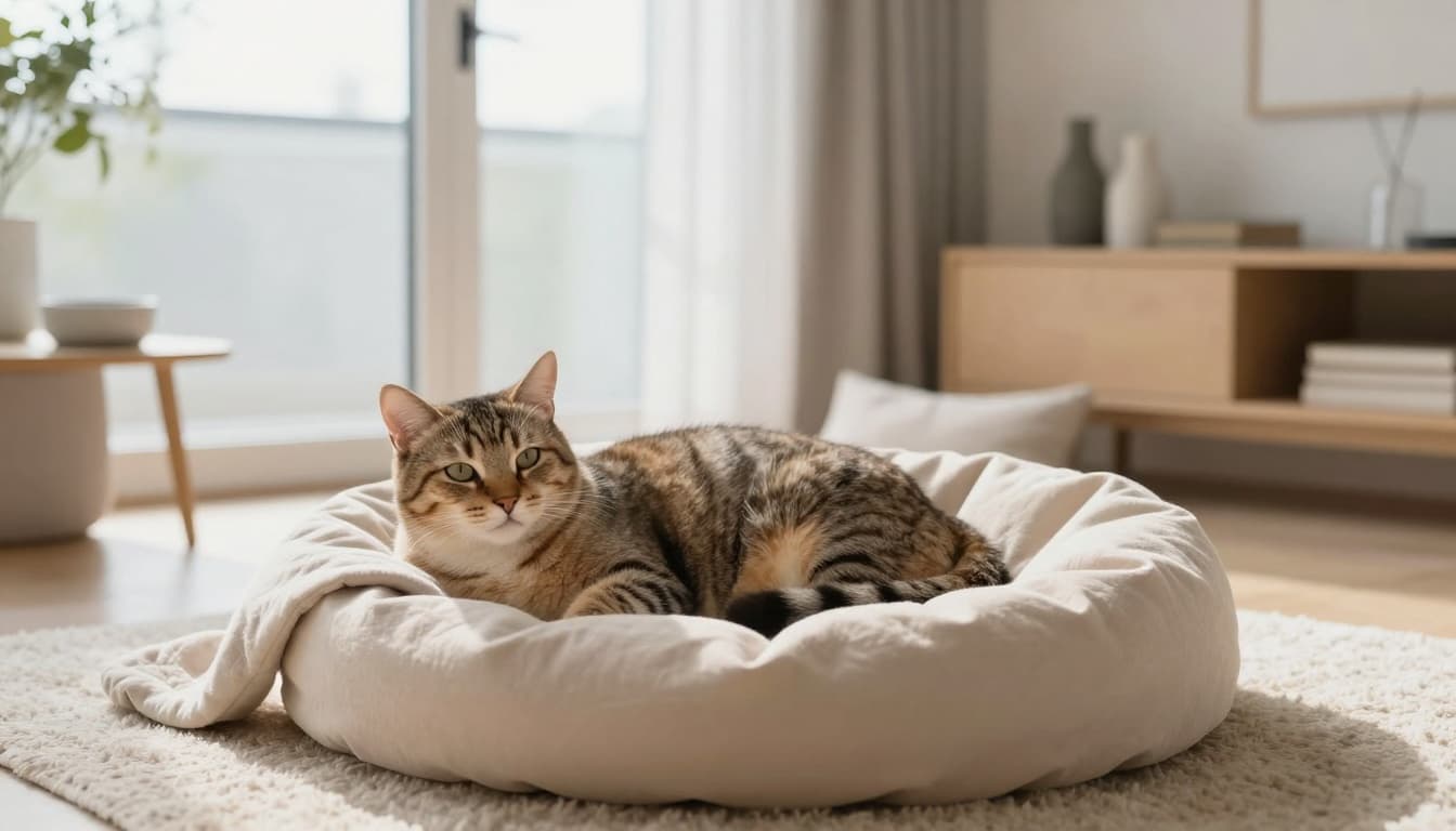 A heavily pregnant domestic cat rests comfortably curled up in a cozy nest of soft beige blankets and pillows in a bright modern Scandinavian living room bathed in natural light.