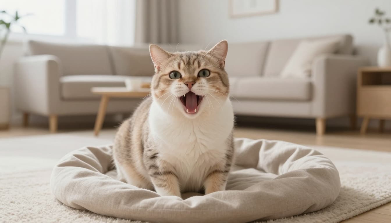 A pregnant cat displays early contractions with a visibly contracting belly and panting breath in a cozy nesting spot of soft fabrics, set in a bright minimalist Scandinavian living room.