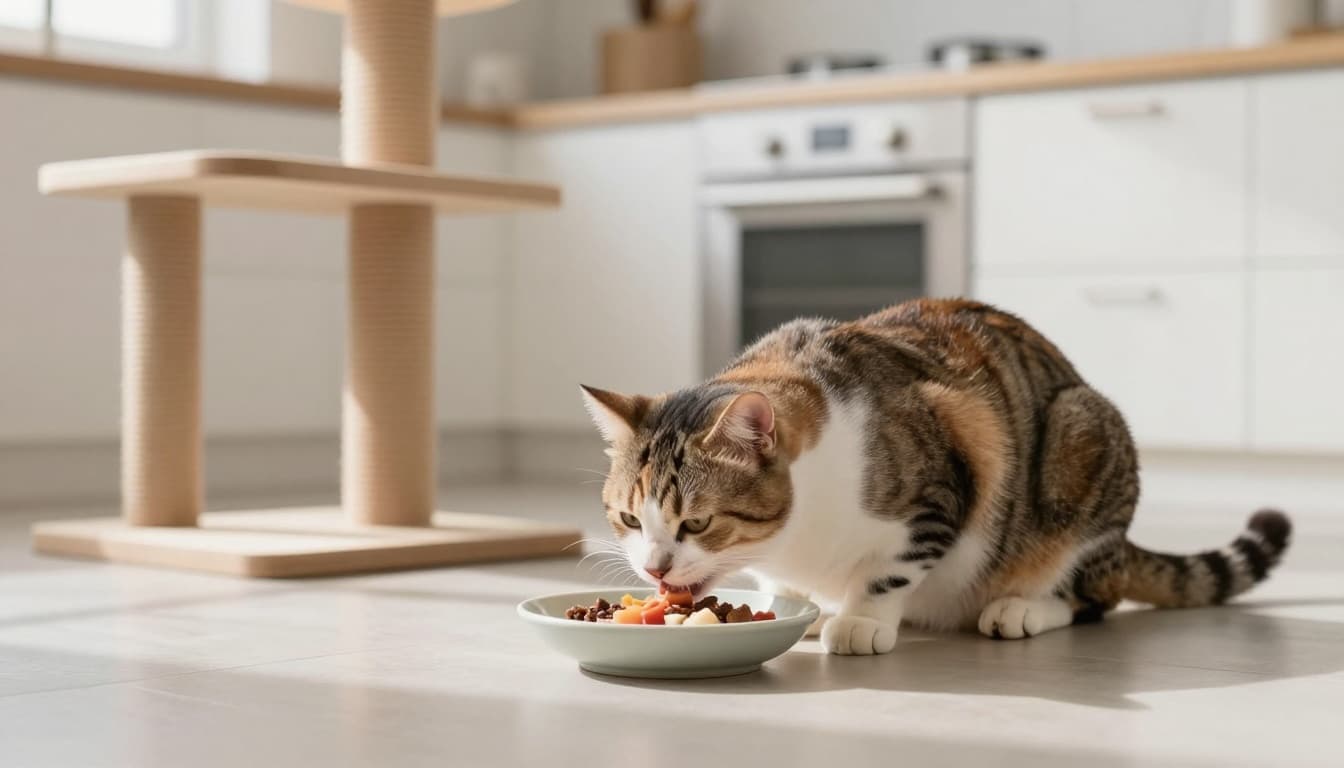 A relaxed pregnant female cat with slightly rounded belly eats from a shallow ceramic dish on the floor in a bright minimalist Scandinavian kitchen. Nearby stands a light wood cat tree, bathed in natural light with a warm cozy atmosphere.