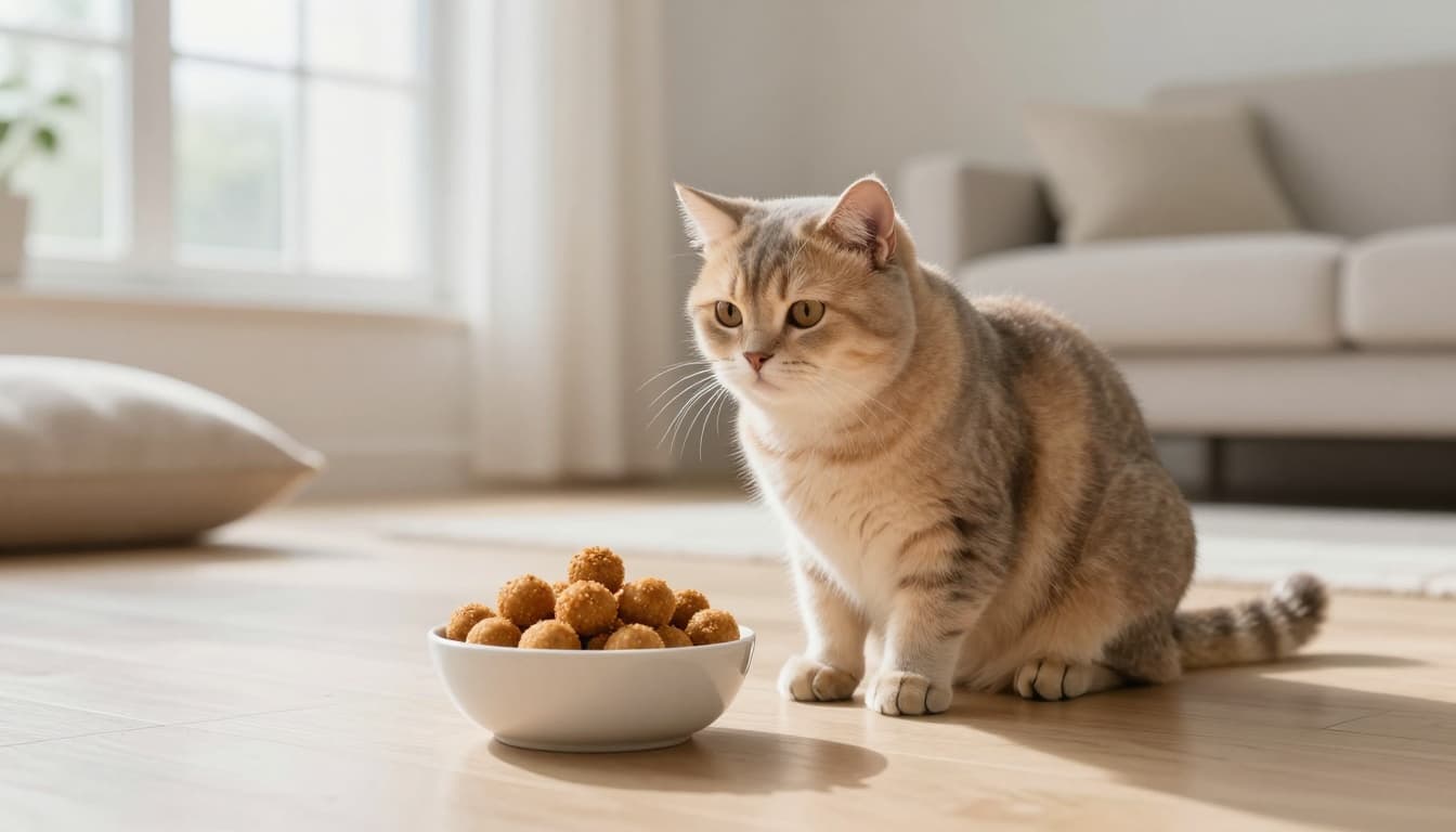 A gentle pregnant female domestic cat with a rounded belly sits contentedly near a generous bowl of special kitten kibble on a light wooden floor in a bright Scandinavian living room with minimalist decor.