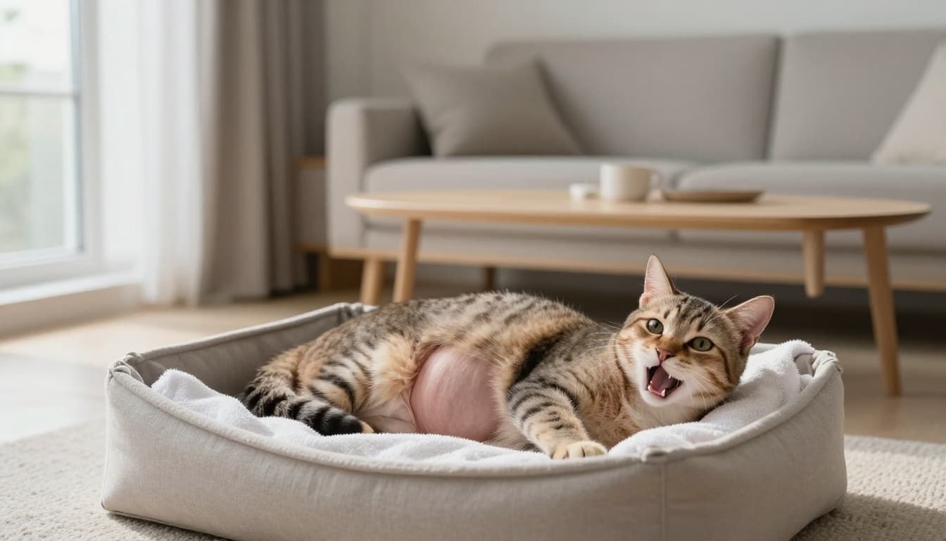 A pregnant cat shows visible belly contractions and pants with wide eyes in distress during labor, lying in a soft nesting box in a modern Scandinavian living room with natural light.