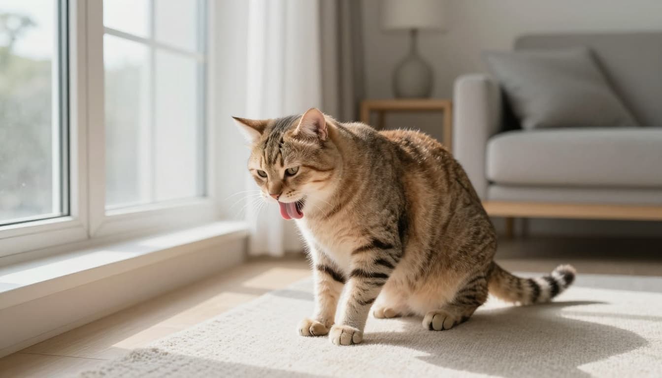 A pregnant cat displays agitation by pacing and intensely licking herself while nesting in a cozy corner of a modern Scandinavian living room, bathed in natural light.