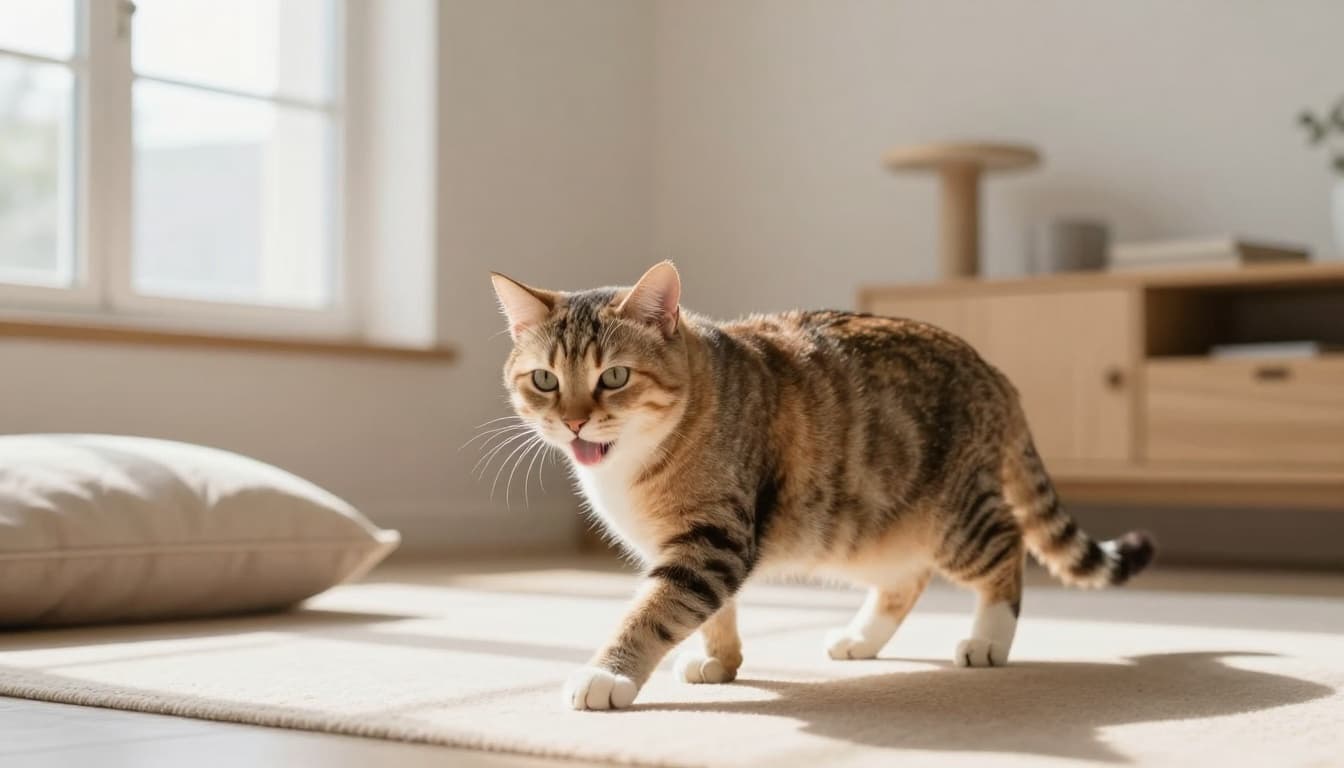 A pregnant domestic cat in late gestation licks her belly and vulva intently while pacing agitatedly in a cozy modern Scandinavian living room with natural light and minimalist decor.