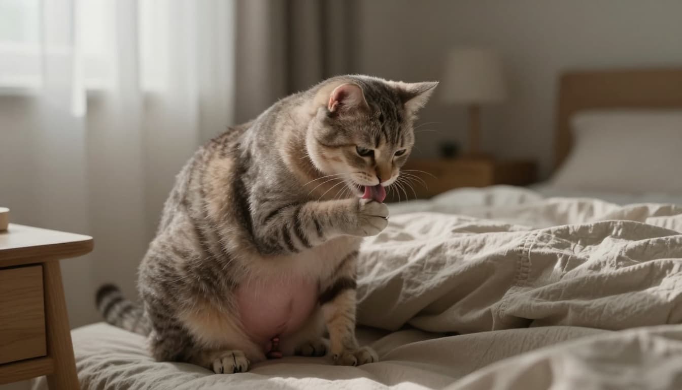A pregnant cat in late gestation gently licks her vulva in a quiet corner of a minimalist Scandinavian bedroom, bathed in soft natural light with prominent round belly and subtle discharge.
