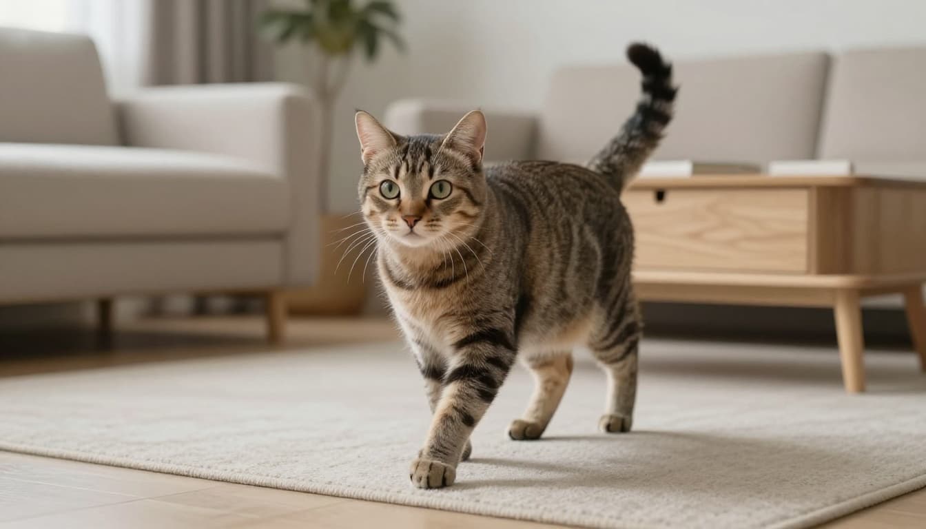 A pregnant cat in pre-birth agitation phase paces nervously back and forth in a modern Scandinavian living room with abundant natural light, minimalist light wood furniture, and a warm cozy atmosphere. Featuring dilated pupils, slight meowing, agitated tail, and prominent round belly in premium realistic lifestyle photography.