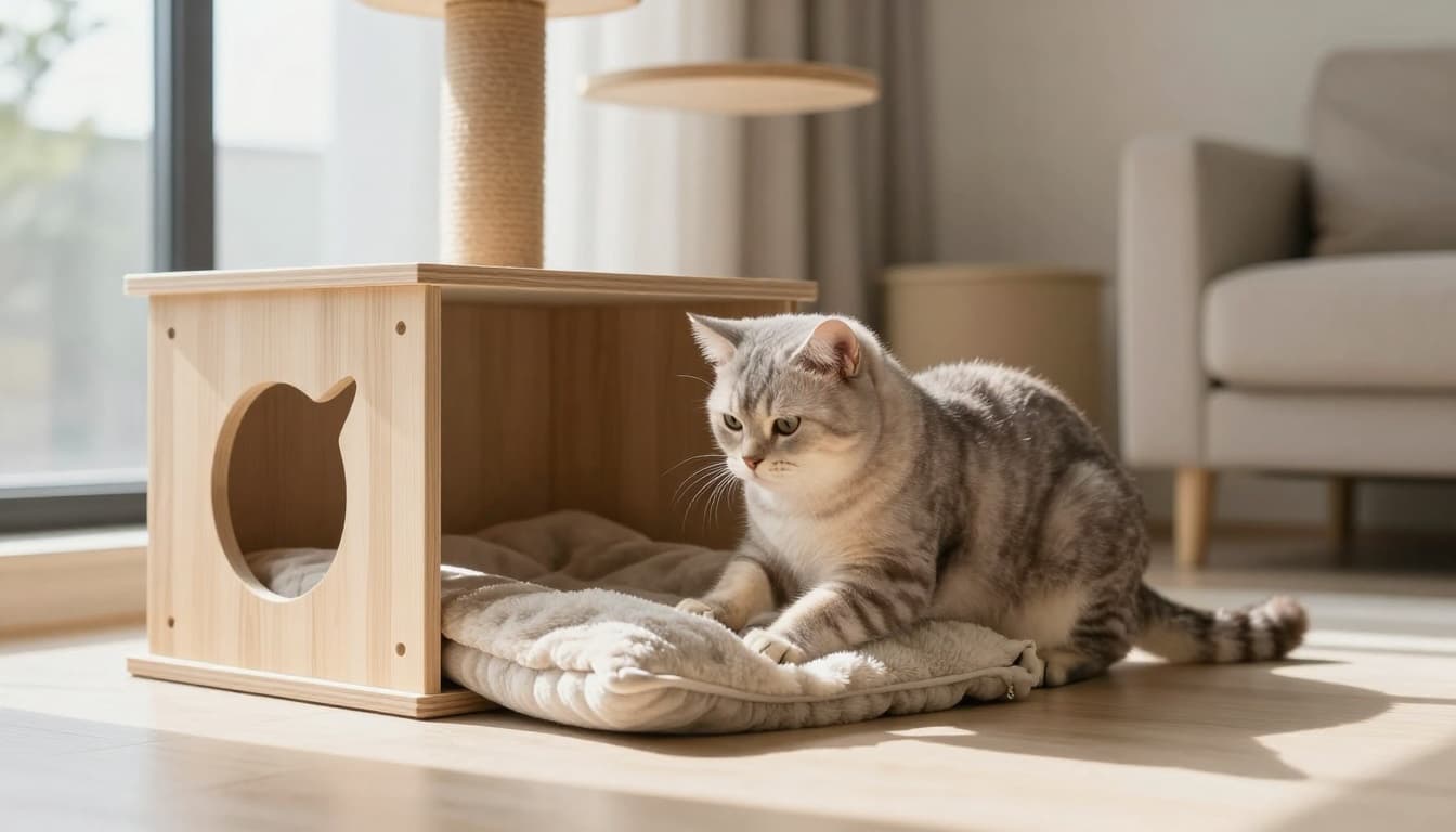 A pregnant cat at the end of gestation with a rounded belly shows nesting behavior by arranging a soft blanket in a birthing box near a light wood cat tree in a minimalist Scandinavian living room.