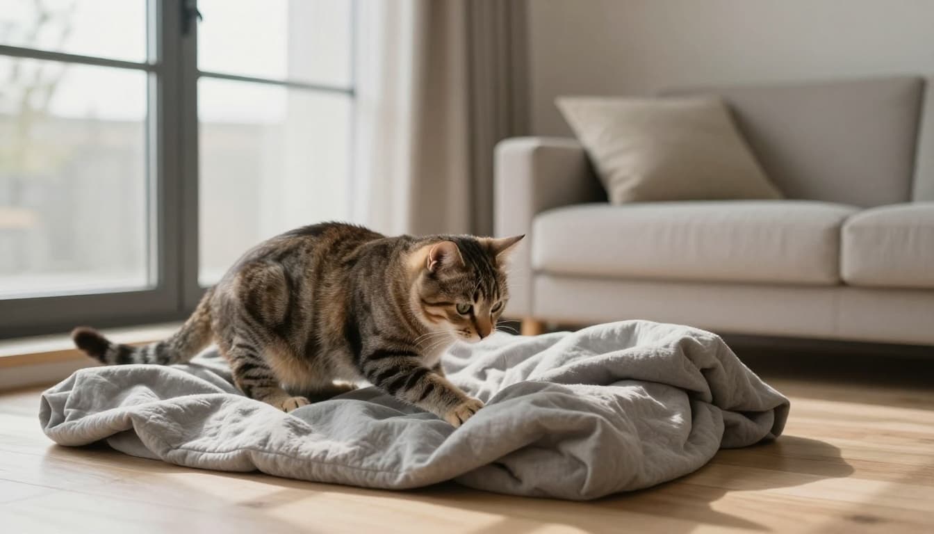 A pregnant cat scratches and turns on soft fabrics while preparing her nest in a quiet corner of a modern Scandinavian bedroom, with soft natural light, light wood furniture, minimalist beige and gray decor, and a warm cozy atmosphere. Her round belly is visible as she pulls blankets with focused determination, captured in premium realistic lifestyle photography with natural shadows and soft depth of field.