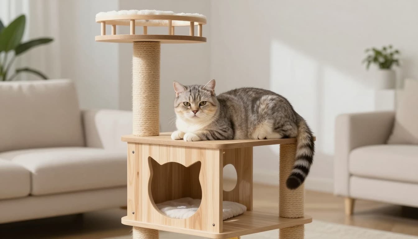 A gently pregnant female cat rests comfortably on a premium light wood cat tree in a serene modern Scandinavian living room with soft natural light and minimalist neutral tones.