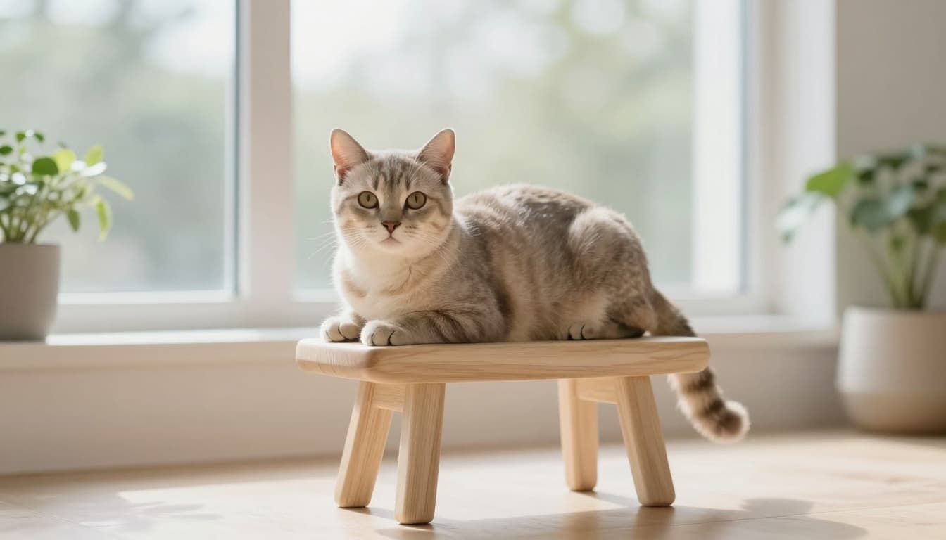 A pregnant cat with a rounded belly rests calmly on a designer light wood cat tree in a minimalist Scandinavian interior with abundant natural light and cozy neutral tones.