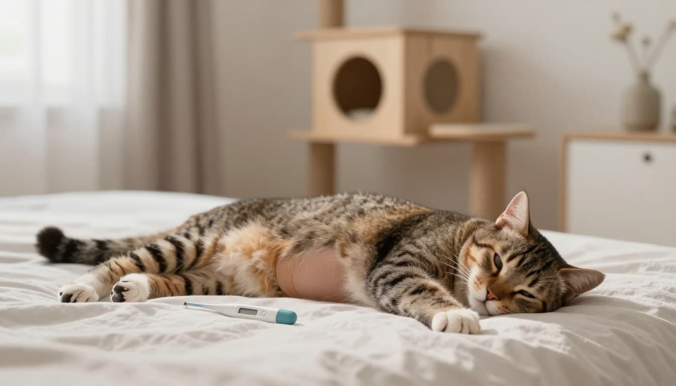 A cat in late pregnancy rests on her side on a soft bed in a bright minimalist Scandinavian interior, thermometer nearby for temperature check. Natural light highlights her swollen belly amid a calm, cozy environment with a light wood cat tree.
