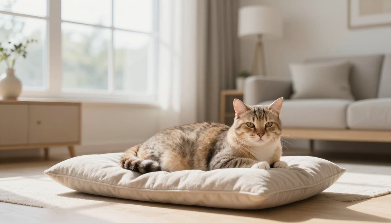 A pregnant domestic cat rests comfortably on a soft beige cushion in a bright Scandinavian living room with natural light, minimalist decor in neutral tones, and a cozy atmosphere.