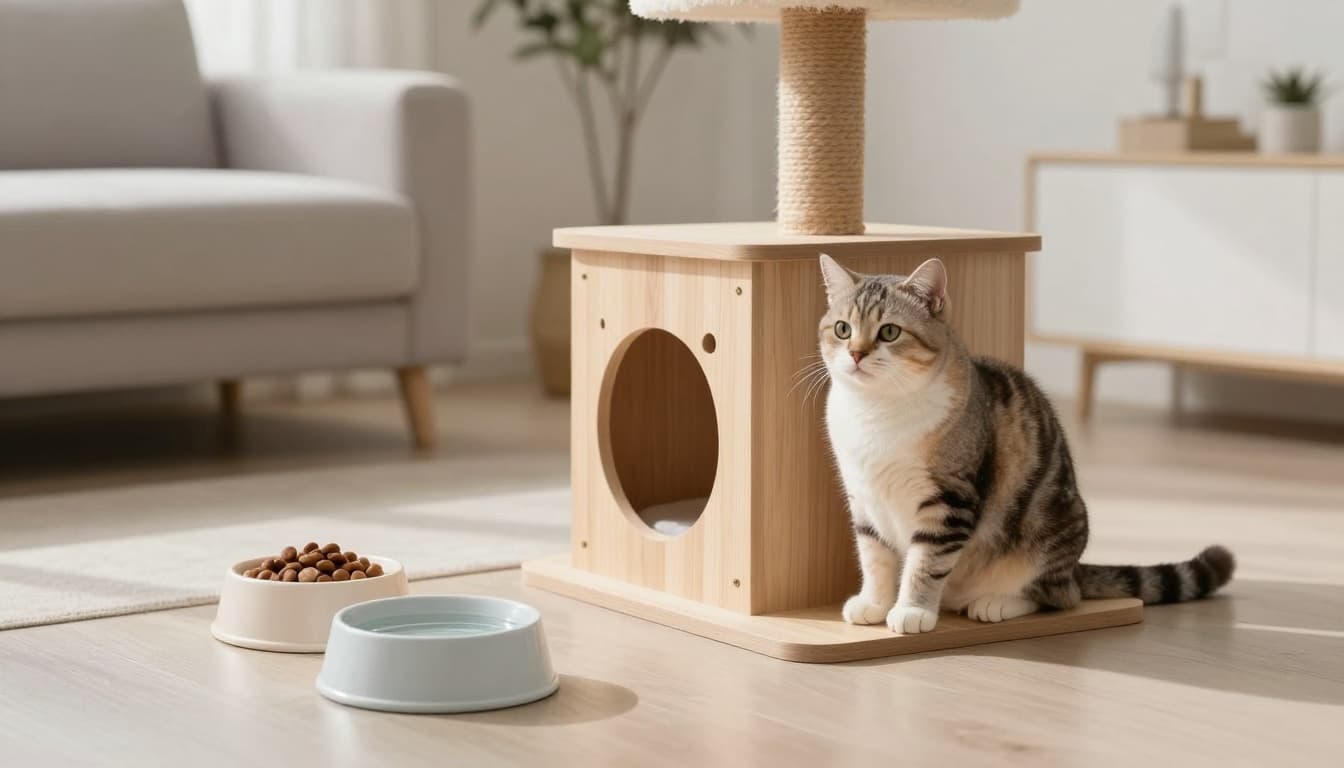 A pregnant cat with a rounded belly sits calmly near a fresh water bowl and food dish beside a light wood designer cat tree in a cozy minimalist Scandinavian living room flooded with natural light.