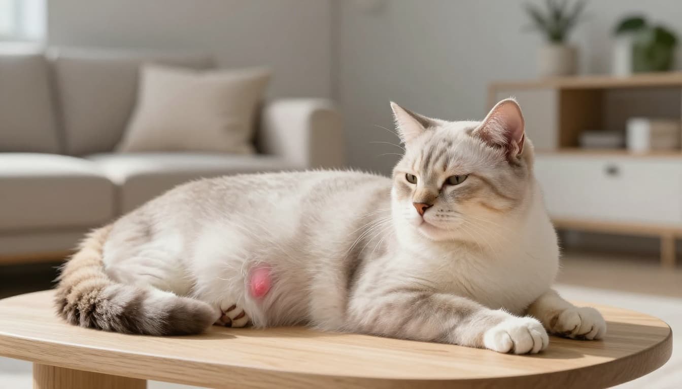 A close-up of a pregnant cat in weeks 5-6 of gestation, lying on a light wood platform in a modern Scandinavian interior with bright natural light highlighting her rounded belly and enlarged mammary glands.