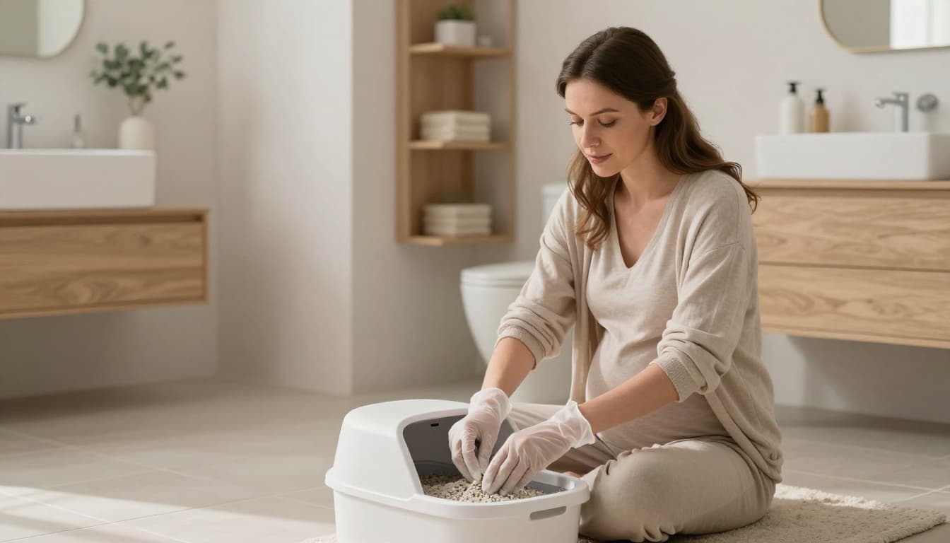 In a bright Scandinavian bathroom, a relaxed pregnant woman wearing disposable gloves carefully scoops cat litter from a modern litter box on the tiled floor, with a warm cozy atmosphere.