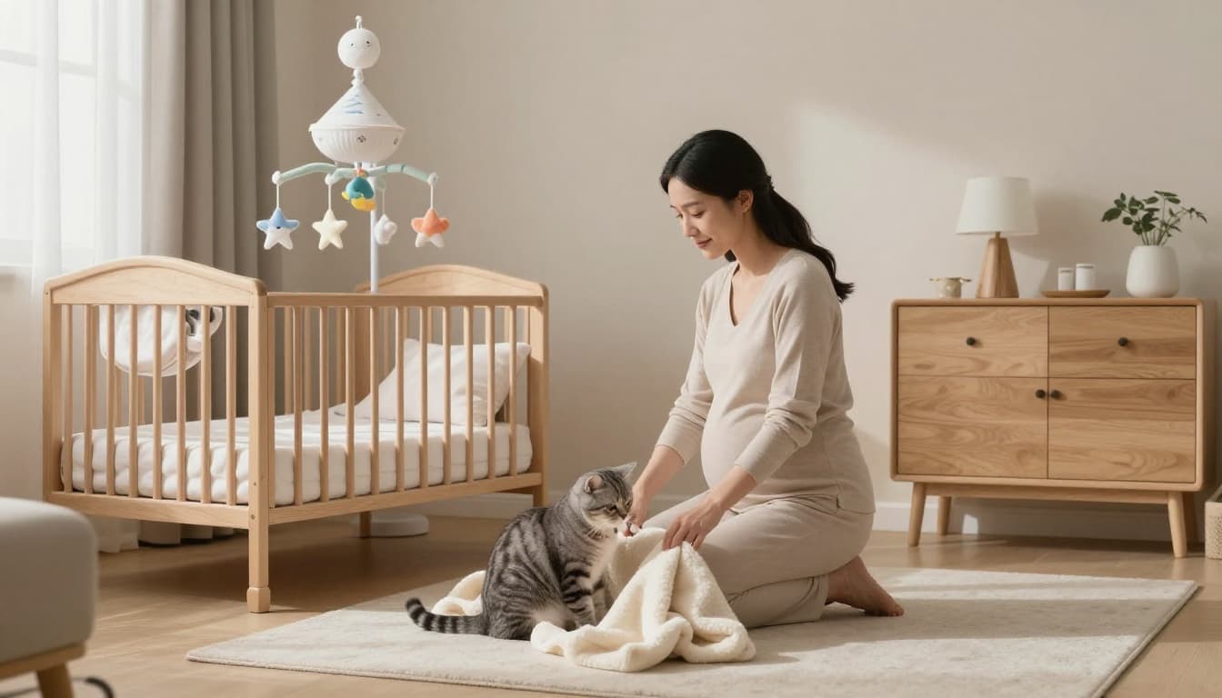 A relaxed pregnant woman in her third trimester arranges baby items like a crib and mobile in a bright minimalist Scandinavian nursery filled with natural light, soft beige walls, light wood furniture, cozy atmosphere. Her curious grey tabby cat sits nearby on the floor exploring a soft blanket calmly without stress.
