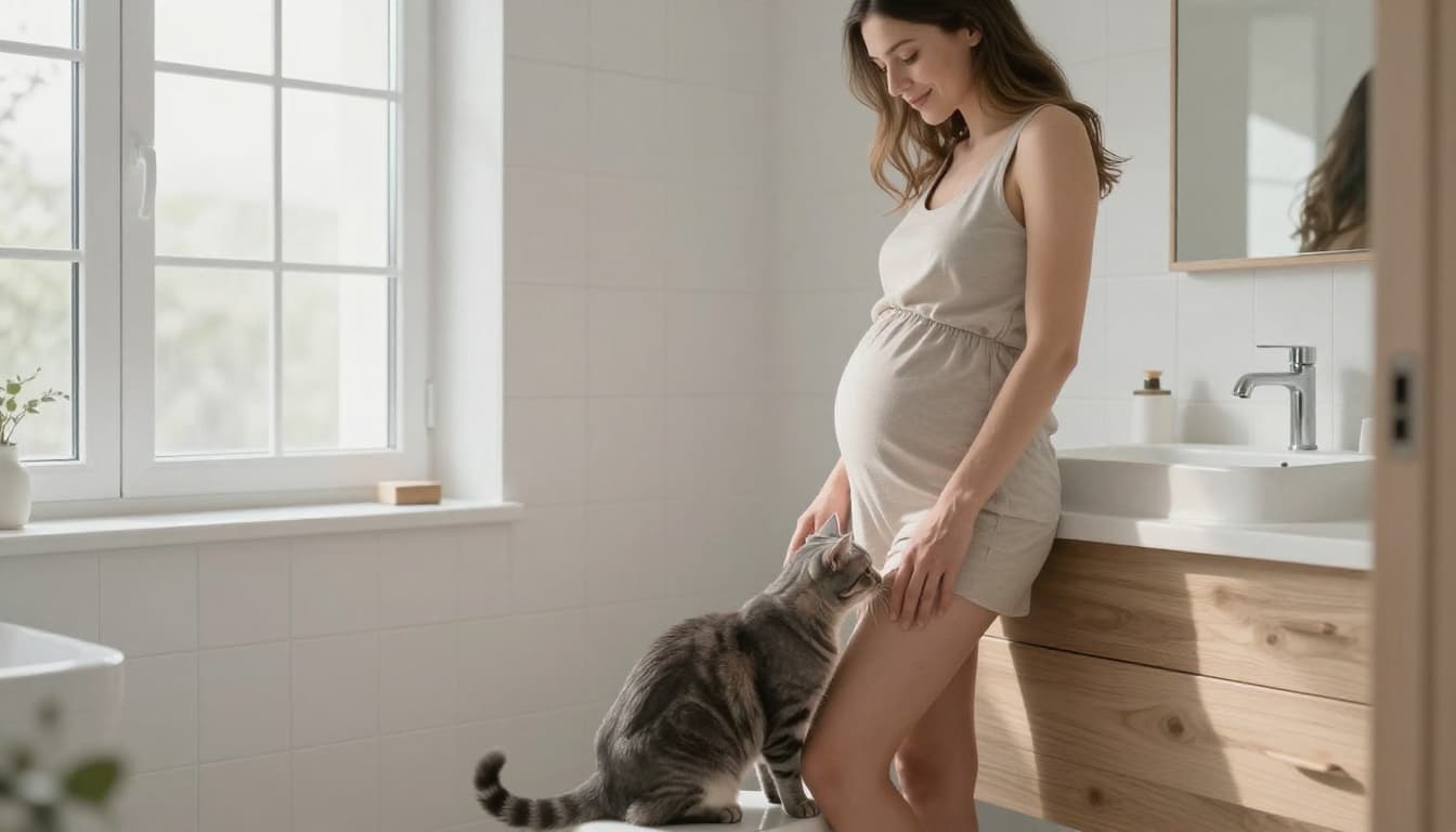 In a cozy Scandinavian bathroom bathed in natural light, a relaxed pregnant woman stands near the sink while her affectionate grey tabby cat rubs against her legs. Premium lifestyle photography captures the warm, elegant interaction with minimalist design and soft depth of field.