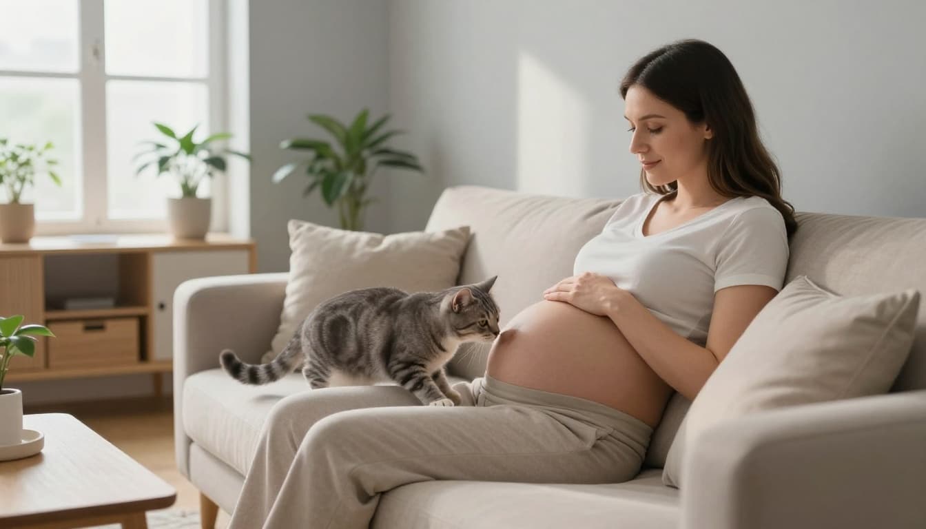 A relaxed woman in early pregnancy sits on a beige sofa in a bright Scandinavian living room as her grey tabby cat gently sniffs her belly.