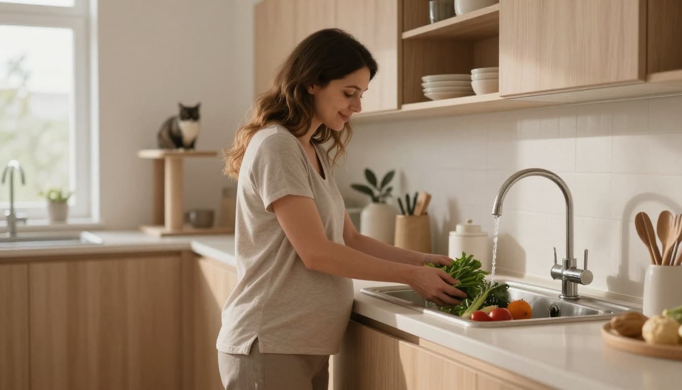 In a bright open Scandinavian kitchen, a relaxed pregnant woman washes fresh vegetables at the sink with a cat tree in the background, creating a warm cozy atmosphere.